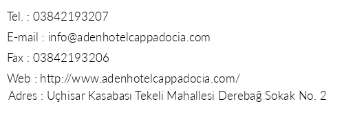 Aden Hotel Cappadocia telefon numaralar, faks, e-mail, posta adresi ve iletiim bilgileri